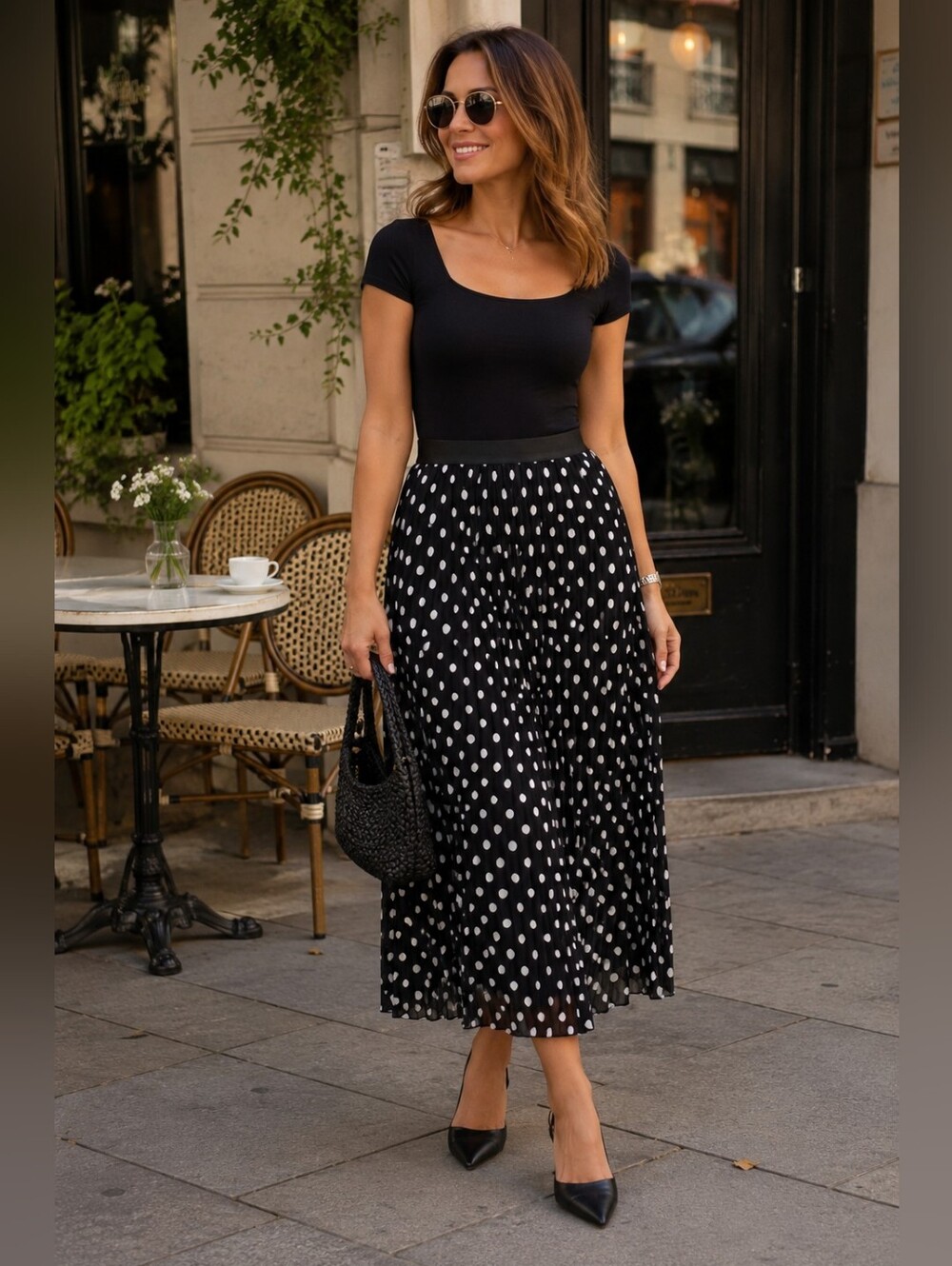 Cynthia Rowley XL Black and White Polka Dot Pleated A-Line Skirt